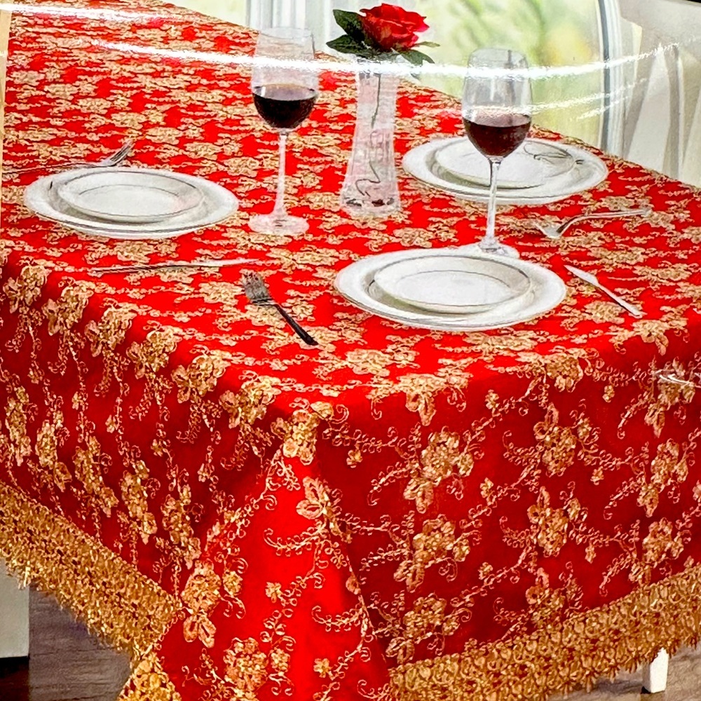 Christmas Luxury Table Cloth  Megan red & gold  Embroidery .